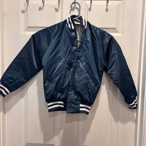 VTG Cardinal Kids Bomber Letter Jacket Navy Blue White‎ Stripe Quilted Lined 6-8